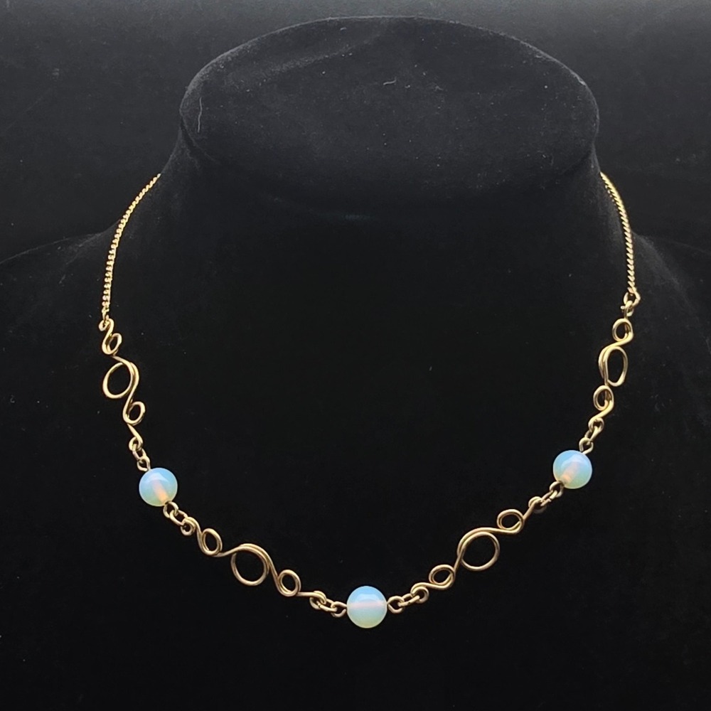 Sarah Coventry Faux Opal Gold Tone Necklace Filigree Links Vintage Jewelry